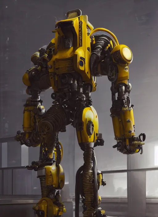 Image similar to a photorealistic dramatic hyperrealistic render of a futuristic exosuit power loader heavy machinery, ultra realistic details, glossy yellow, well worn, rust, oil stains by vitaly bulgarov and mike nash, beautiful dramatic dark moody tones and lighting, cinematic atmosphere, studio lighting, global illumination, shadows, dark background, octane render, 8 k