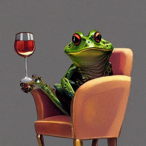Prompt: Digital art of a distinguished frog having a glass of wine sitting in his favorite armchair, Greg rutkowski, Trending artstation