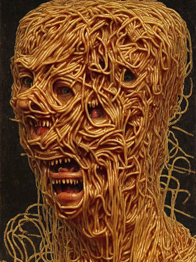 Image similar to a boy made of spaghetti, looking into camera, screaming in pain, by giuseppe arcimboldo and ambrosius benson, renaissance, intricate and intense oil paint, a touch of beksinski and hr giger and edward munch, realistic