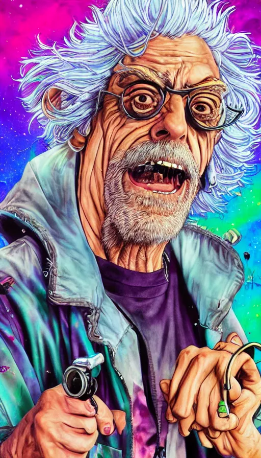 Image similar to Christopher Lloyd as Rick Sanchez by Noriyoshi Ohrai and Lisa Frank