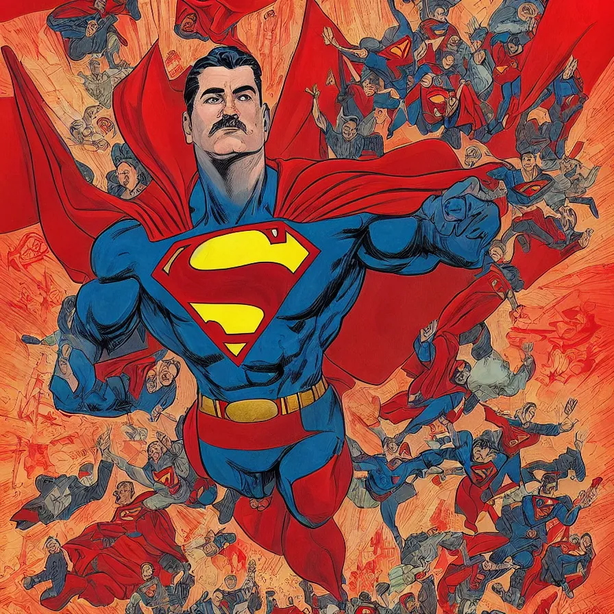 Image similar to epic comic book cover of stalin as superman floating over the red square ( moscow ), aesthetically pleasing, socialist realism, finely detailed features, photorealistic, intricate digital art, trending artstation, artgem, rich moody colors, fan art, concept art, in the style of the red son, by cory walker and ryan ottley