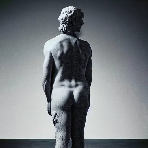 Prompt: A computer art. A rip in spacetime. Did this device in his hand open a portal to another dimension or reality?! marble statue by Gregory Crewdson, by David Burdeny energetic, shadowy