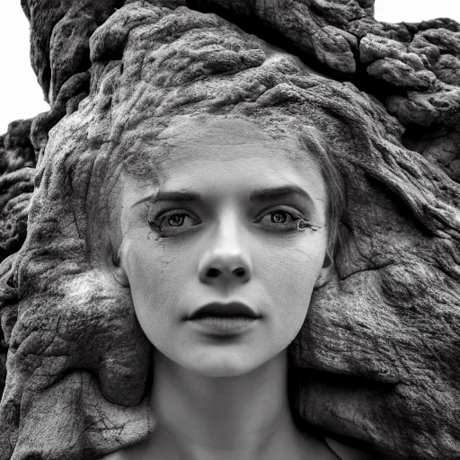 Image similar to beautiful stone woman, lava flowing, exotic trees, bare bark, dark eyes, low angle mist, high octane, frostbite, 8 k, cinematic, 3 5 mm,