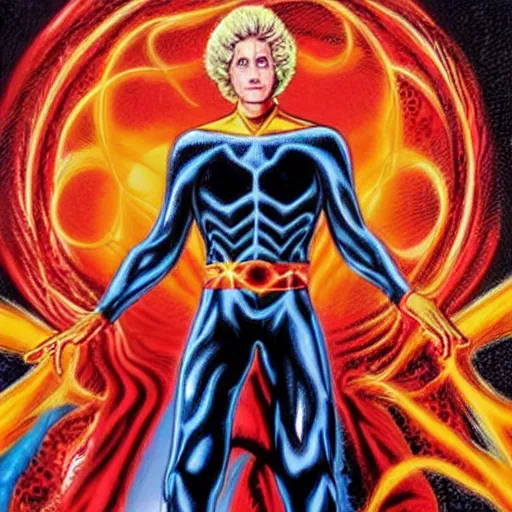 Prompt: Adam warlock, in airbrushed painting, ultra realistic, in front of a portal in outer space, comic book style, as drawn by Jack kirby