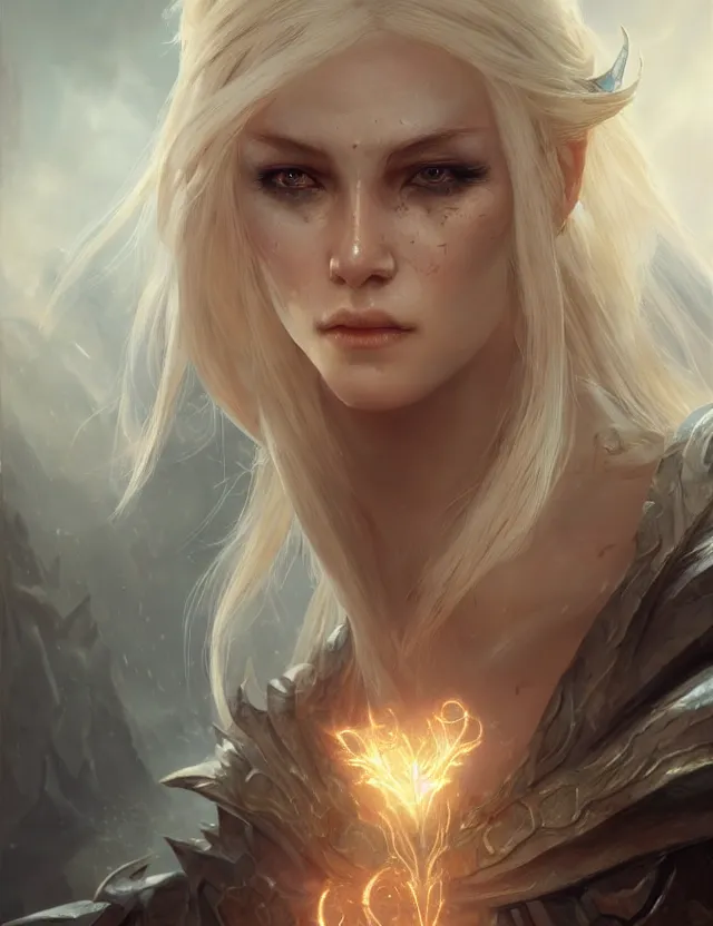 Image similar to close face portrait of a beautiful young blonde sorceress as diablo 3 concept art, art by ryo shiotani and greg rutkowski, intricate, beautiful, cute, cinematic lighting, vintage art by serge ivanoff, high resolution, very detailed