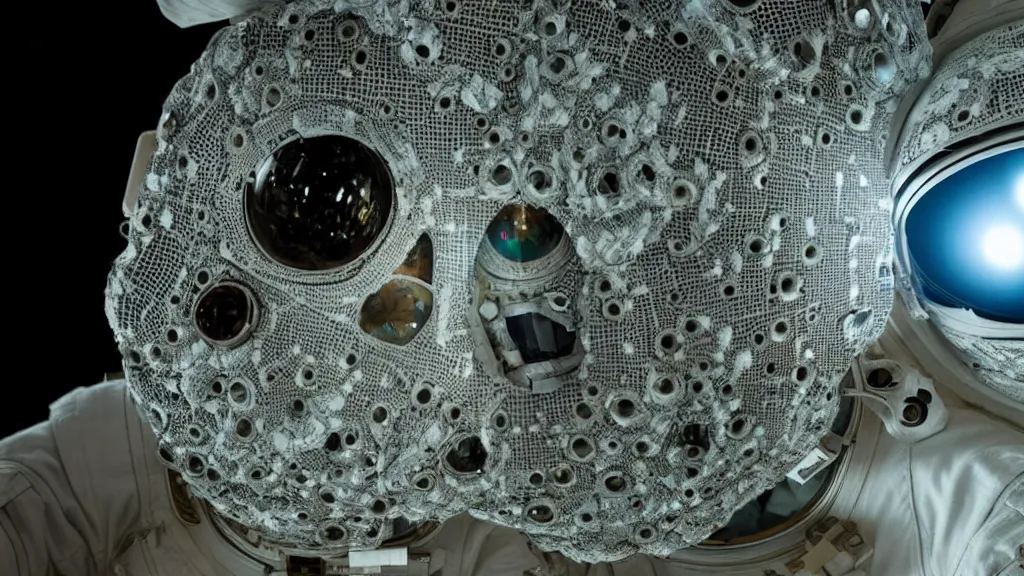 Image similar to a single astronaut eva suit made of diamond 3d fractal lace iridescent bubble 3d skin and covered with insectoid compound eye camera lenses floats through the living room, film still from the movie directed by Denis Villeneuve with art direction by Salvador Dalí, wide lens,