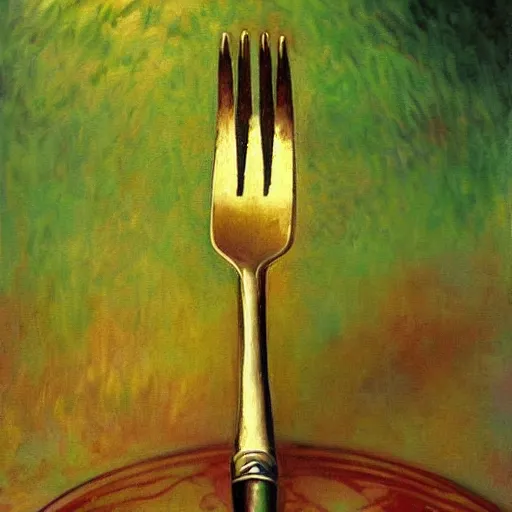 Prompt: Fork Trending on ArtStation. A vibrant digital oil painting. A highly detailed fantasy character illustrationof a fork by Wayne Reynolds and Charles Monet and Gustave Dore and Carl Critchlow and Bram Sels