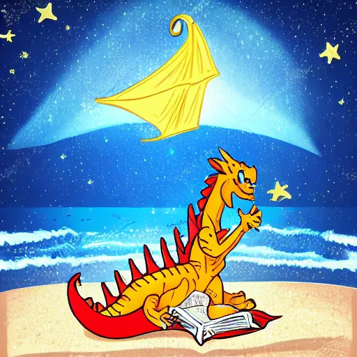 Image similar to Dragon on a beach reading a book under the stars