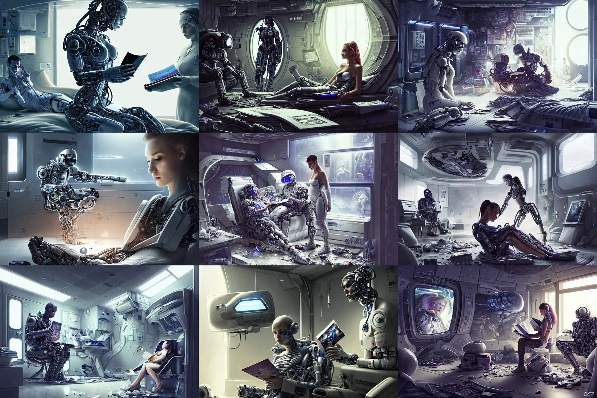 Prompt: Ultra realistic illustration, beautiful alluring damaged cyborg being put back together while reading a magazine, in an super advanced military medical bay, in a crashed spaceship, while a beautiful alluring astronaut soldier looks on, cyberpunk, sci-fi, fantasy, intricate, elegant, highly detailed, digital painting, artstation, concept art, smooth, sharp focus, illustration, art by artgerm and Greg Rutkowski and alphonse mucha
