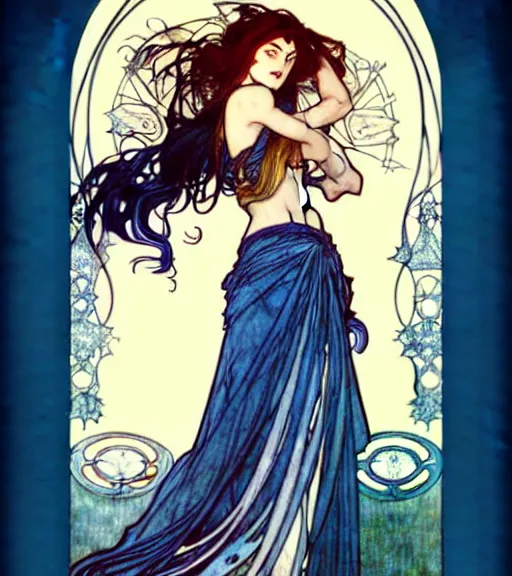 Image similar to in the style of artgerm, arthur rackham, alphonse mucha, phoebe tonkin, symmetrical eyes, symmetrical face, flowing blue skirt, hair blowing, full body, intricate filagree, hidden hands, warm colors, cool offset colors