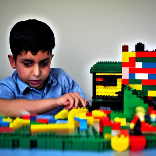 Image similar to saddam hussain playing with lego, realistic, award winning, photography,