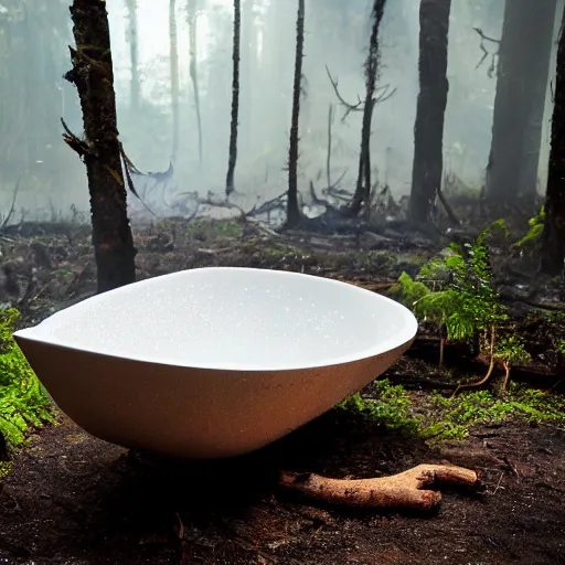 Prompt: pristine porcelain bath filled with bubbles in a clearcut rainforest, slash and burn, cleared forest, deforestation, tree stumps, smouldering charred timber