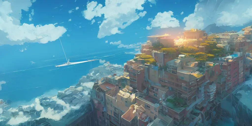 Prompt: representation of a flat suspended in the air above Sint-Marteen island, diagram representation, mattepainting concept Blizzard pixar maya engine on stylized background splash comics global illumination lighting artstation  lois van baarle, ilya kuvshinov, rossdraws