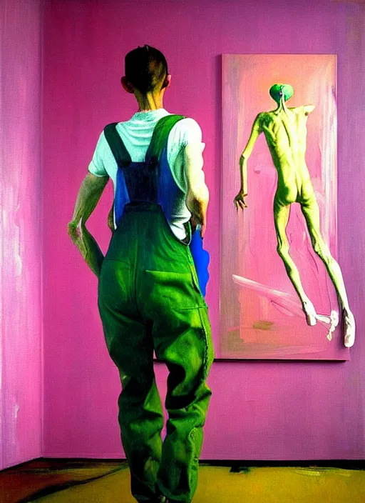 Image similar to an insane, skinny, artist wearing overalls, expressive painting the walls inside a grand messy studio, hauntingly surreal, highly detailed painting by francis bacon, edward hopper, adrian ghenie, gerhard richter, and james jean, soft light 4 k in pink, green and blue colour palette