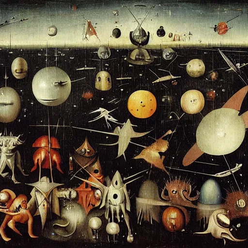 Image similar to space battle by hieronymus bosch