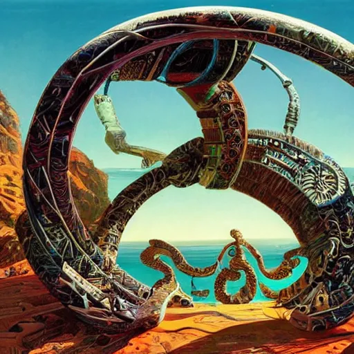 Image similar to a gigantic paleolothic torus made of stone with highly detailed carvings of intricate shamanic robotic electronics and circuitry, in a mediterranean lanscape, inside a valley overlooking the sea, in the style of syd mead