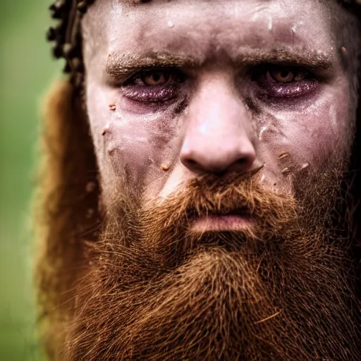 Image similar to minimalist photography portrait of a germanic pagan man, sad, crying, tear, early middle ages, super close up, mid thirties, cute round slanted eyes, caucasian, wide nostrils, high cheekbones, full cheeks, high flat eyebrows, leica 1 0 0 mm f 0. 8