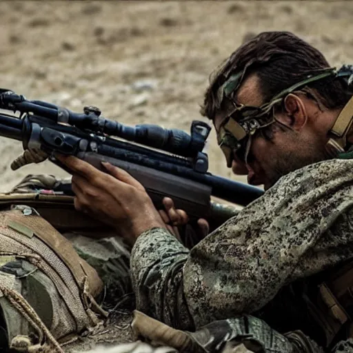 Image similar to kurdish ypg sniper in a movie directed by christopher nolan, movie still frame, promotional image, imax 7 0 mm footage, 8 k uhd