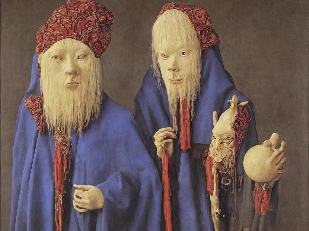 Image similar to Portrait of albino mystic with blue eyes, with sculpted shamanic mask made from jade. Painting by Jan van Eyck, Audubon, Rene Magritte, Agnes Pelton, Max Ernst, Walton Ford