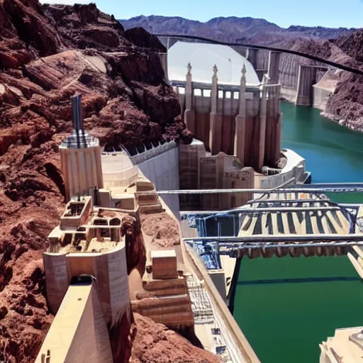 Image similar to dril fist fighting drilbot on top of hoover dam