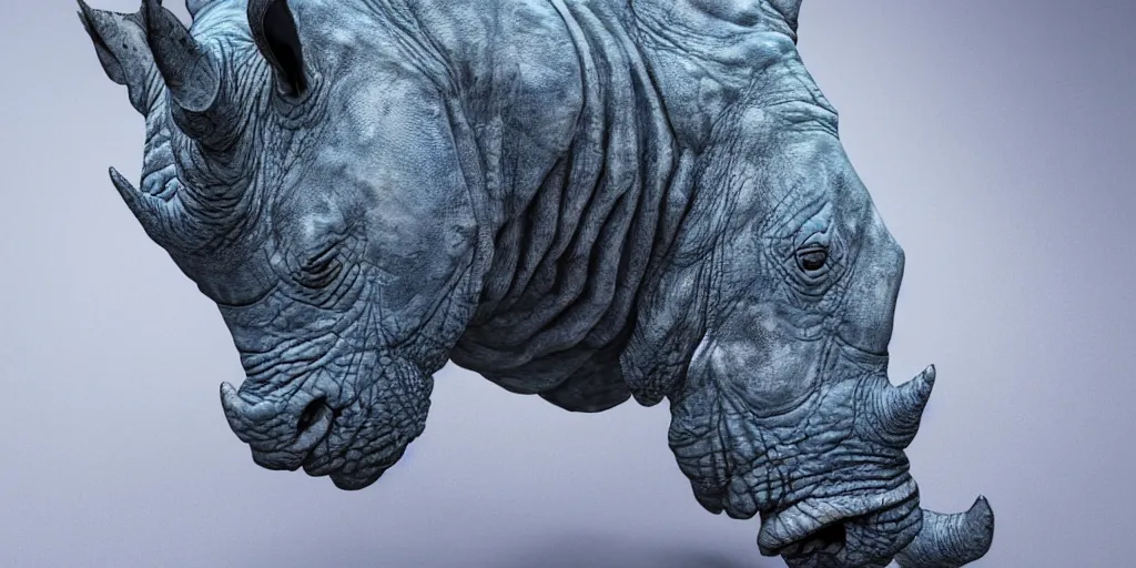 Image similar to hyperrealistic mixed media portrait of a blue Rhinoceros wearing paladin armor, forward angle, stunning 3d render inspired art by P. Craig Russell and Barry Windsor-Smith + perfect facial symmetry + dim volumetric lighting, 8k octane beautifully detailed render, post-processing, extremely hyperdetailed, intricate complexity, epic composition, grim yet sparkling atmosphere, cinematic lighting + masterpiece, trending on artstation