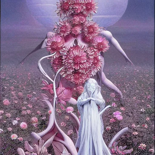 Prompt: woman commands flower creatures, by wayne barlowe