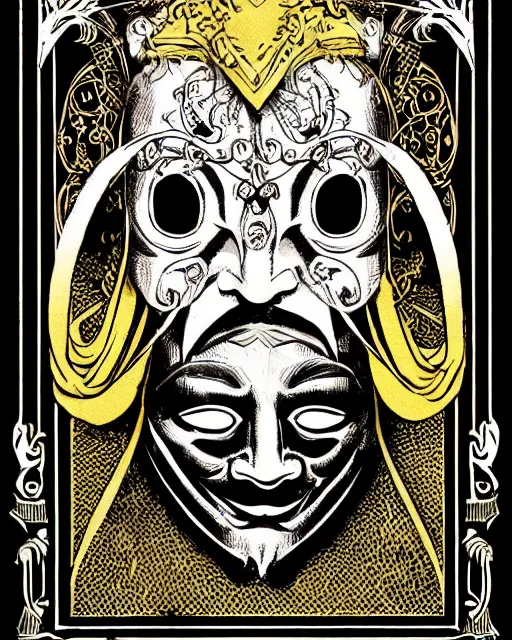 Image similar to anonymous guy fawkes mask tarot card, art nouveau style, ornate borders, intricate details, trending on artstation