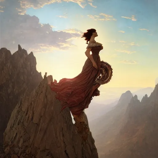 Image similar to an ultradetailed colossal magnificent mountain sized sculpture of an elegant woman, fine detail, sunrise on the horizon in the background, stone hand raised up, 8 k, art by greg rutkowski and alphonse mucha and andreas rocha and albert bierstadt