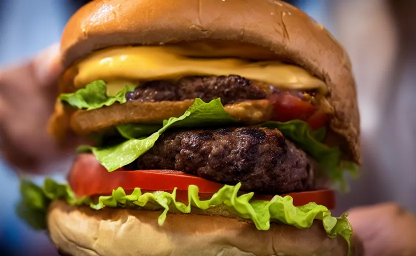 Prompt: a burger, in front of the white house, food photography