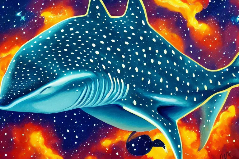 Image similar to gouache painting of a whale shark flying through a swirling, luminous nebula, elegant, ultra detailed