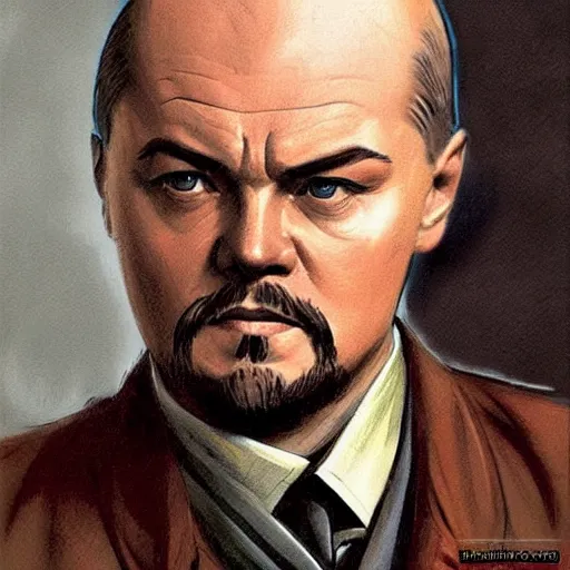 Image similar to russian bolshevik leader vladimir lenin played by leonardo dicaprio in team fortress 2 style, epic, tragic, military art, fantasy, hd shot, digital portrait, beautiful, artstation, comic style, by artgerm, guy denning, jakub rozalski, magali villeneuve and charlie bowater