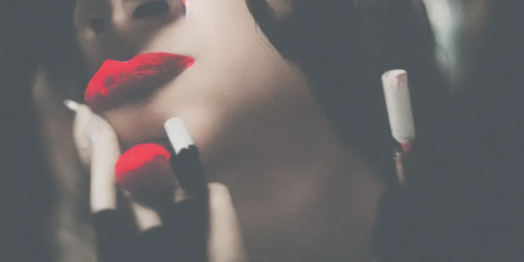 Prompt: analog photo of a woman wearing red lipstick, smoking a cigarette