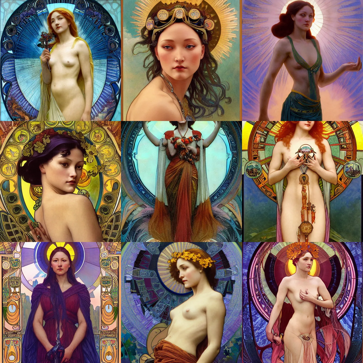 Prompt: stunning, breathtaking, awe-inspiring award-winning concept art nouveau painting of attractive Pom Klementieff as the goddess of the sun, with anxious, piercing eyes, by Alphonse Mucha, Michael Whelan, William Adolphe Bouguereau, John Williams Waterhouse, and Donato Giancola, cyberpunk, extremely moody lighting, glowing light and shadow, atmospheric, cinematic, 8K