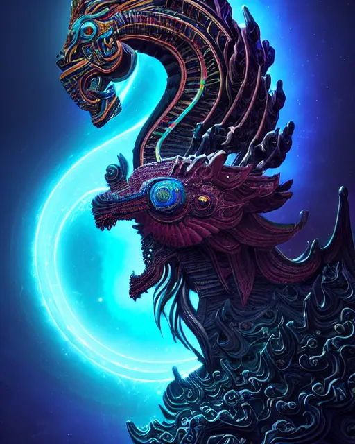 Image similar to 3 d ornate carved dark cosmic horse with profile portrait, sigma 5 0 0 mm f / 5. beautiful intricate highly detailed quetzalcoatl skull. bioluminescent, plasma, lava, ice, water, creature, thunderstorm! artwork by tooth wu and wlop and beeple and greg rutkowski, 8 k trending on artstation