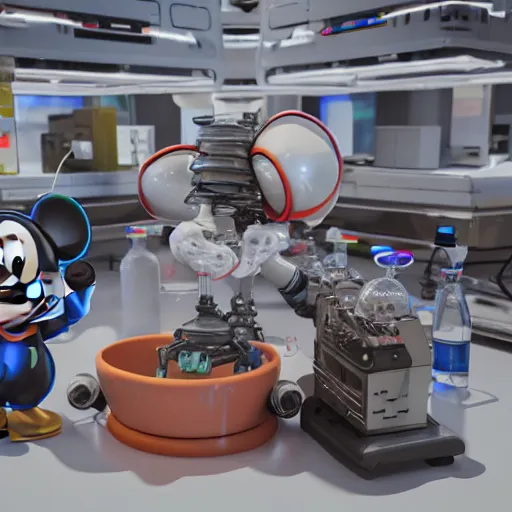 Prompt: a cybertronic mickey mouse being dissected by a group of scientists, octane render, beeple, cgstation, 3 d render, very detailed, mindblowing