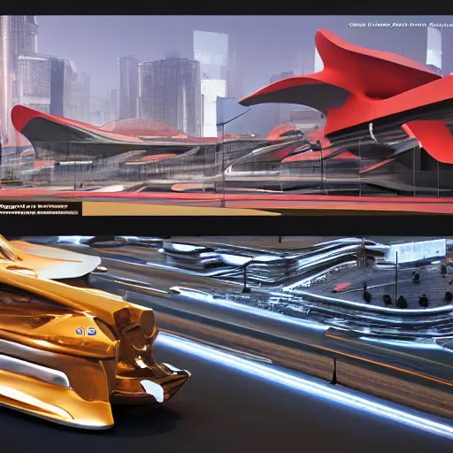 Image similar to sci-fi cars in center and wall near structure on the coronation of napoleon painting and digital billboard in the middle and everything in style of zaha hadid and suprematism forms unreal engine 5 keyshot octane artstation trending ultra high detail ultra photo realistic 8k 16k in plastic dark tilt shift