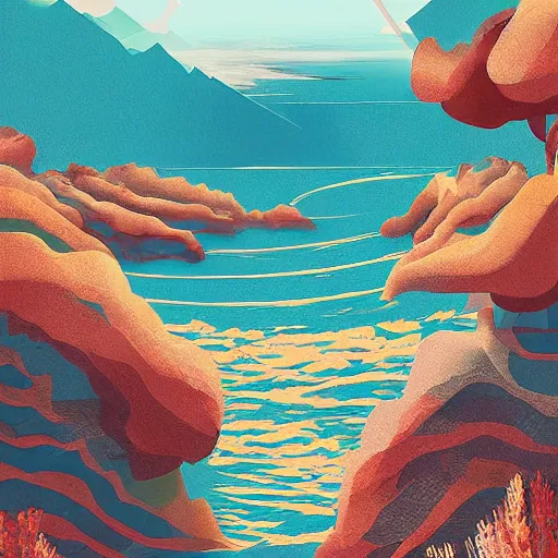 Prompt: a realm between the mountains and the sea, illustration, digital art by laura price