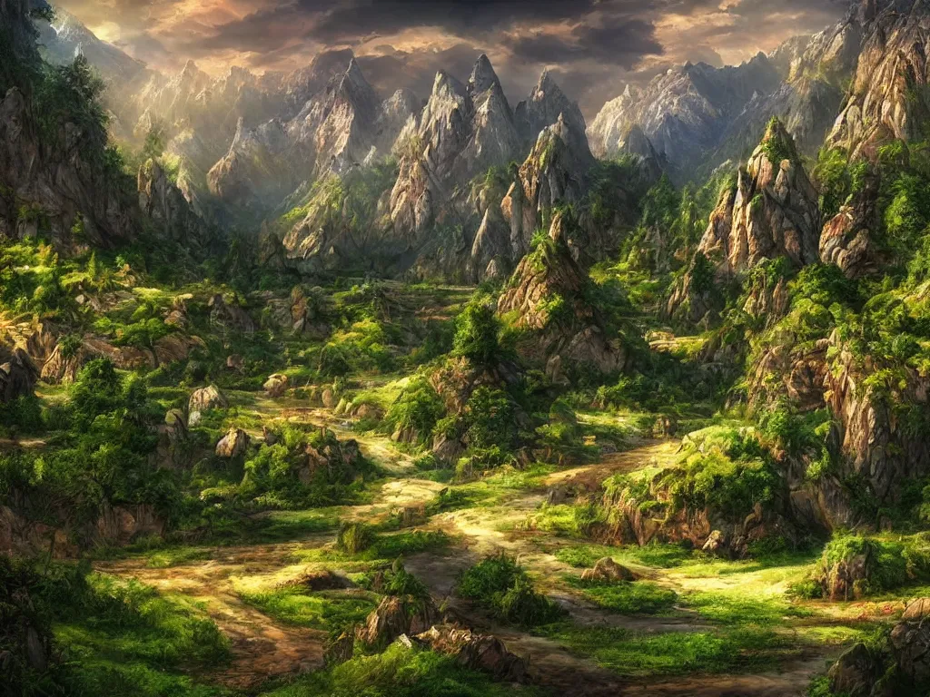 Prompt: a beautiful photorealistic picture of a valley from a fantasy world, inside which are beautiful nature, magnificent trees grow in the valley and mighty mountains in the background, highly detailed