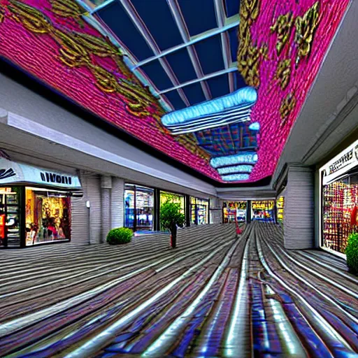 Image similar to hyperrealism photography computer simulation visualisation of parallel universe mall in surreal scene from art house movie from unreal setting by caravaggio rendered in mandelbulb 4 d