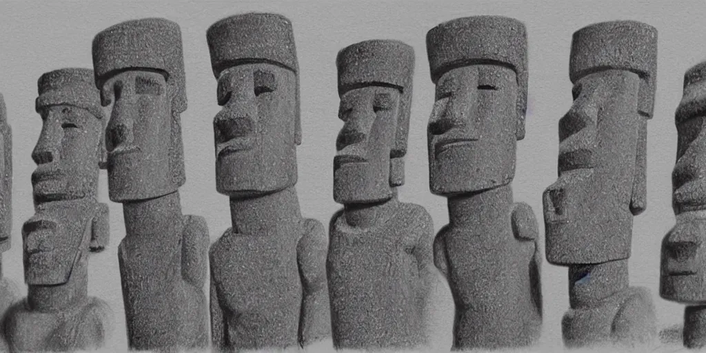 Prompt: charcoal drawing of easter island heads in the shape of lego people