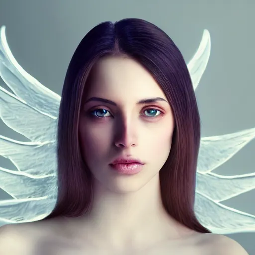 Prompt: beautiful female angel, mixed races, asymmetrical face, ethereal volumetric light, sharp focus