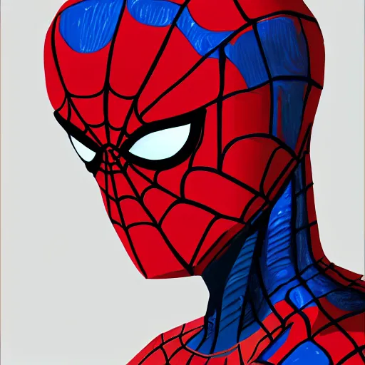 Image similar to portrait of tom holland's spider man, highly detailed, centered, solid color background, digital painting