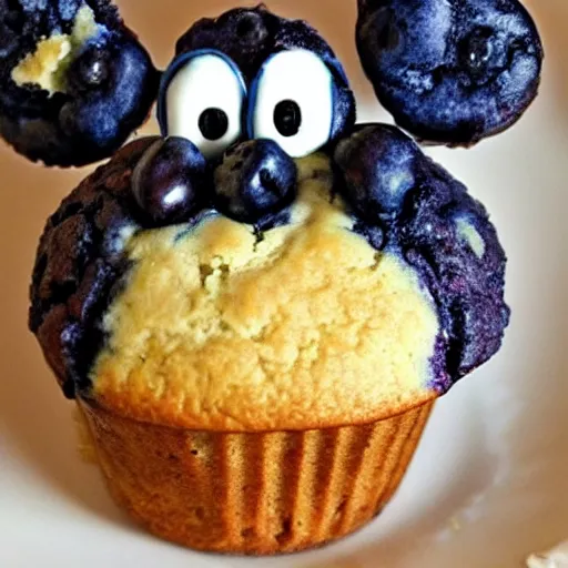 Image similar to a photo of the most appetizing blueberry muffin decorated as a Disney character