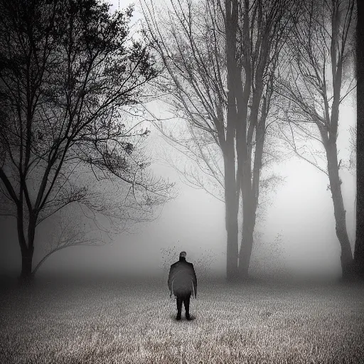 Prompt: a man's shadow near the dilapidated house in the wilderness, fog, digital art