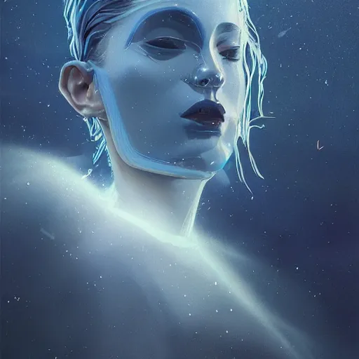 Image similar to sci - fi, close - up, 3 d, moon rays, night, sleepy fashion model face, cinematic, clouds, sun rays, vogue cover style, poster art, blue mood, realistic painting, intricate oil painting, high detail illustration, figurative art, multiple exposure, poster art, 3 d, by tooth wu and wlop and beeple and greg rutkowski