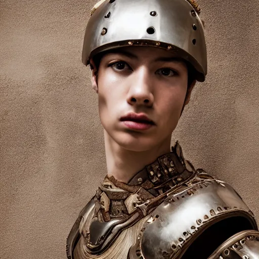 Image similar to a portrait of a beautiful young male wearing an alexander mcqueen armor made of clay , photographed by andrew thomas huang, artistic