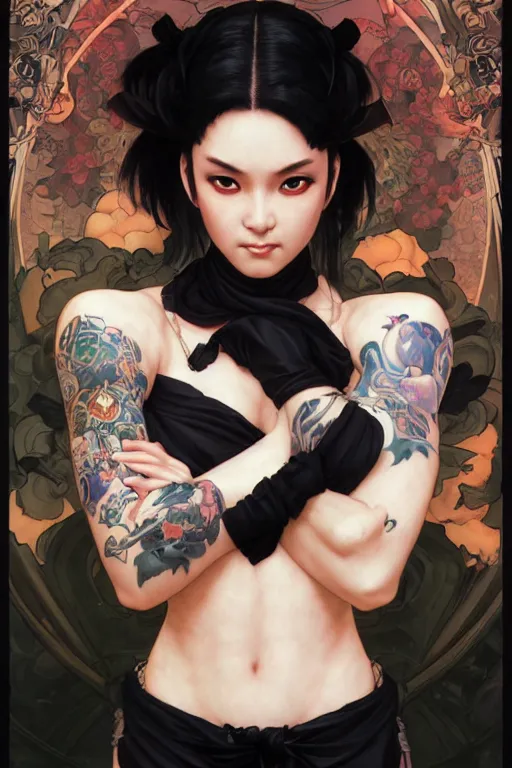 Image similar to portrait of goth Chun Li with yakuza tattoos, Street fighter, highly detailed, digital art from artstation by Ruan Jia and Mandy Jurgens, Alphonse Mucha and Artgerm and william-adolphe bouguereau