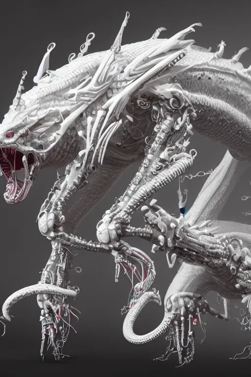 Image similar to legendary white dragon, white biomechanical details, wearing epic bionic cyborg implants, inflateble shapes, wires, tubes, veins, jellyfish, masterpiece, intricate, biopunk, highly detailed, artstation, concept art, cyberpunk, octane render