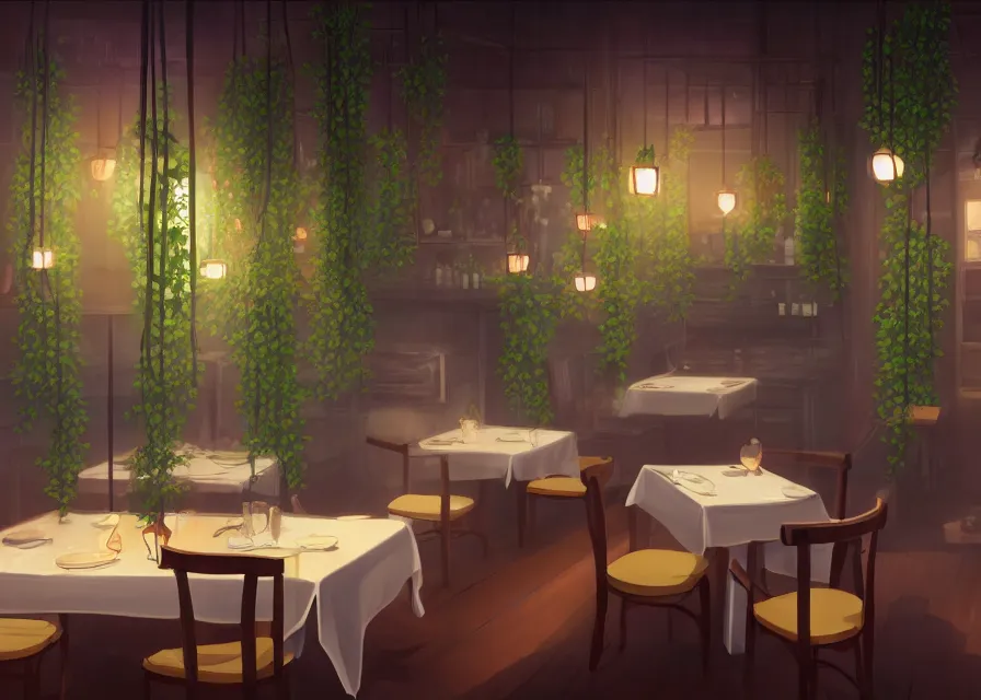 Prompt: an interior room of a dim restaurant at night with hanging plants, makoto shinkai, dusty, matte painting