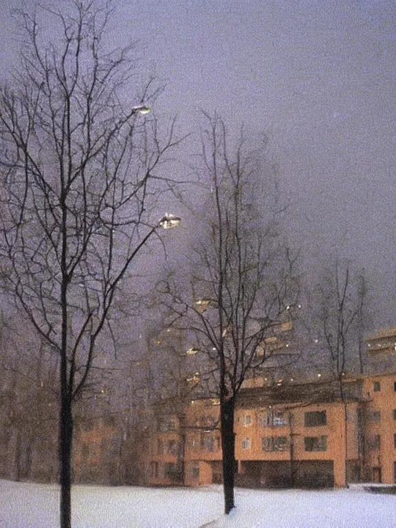 Prompt: grainy vhs footage of painting by of a soviet residential building in soviet suburb, 9 0 s, lights are on in the windows, dark night, post - soviet courtyard, cozy and peaceful atmosphere, fog, cold winter, snowing, streetlamps with orange volumetric light, several birches nearby, elderly man passing by